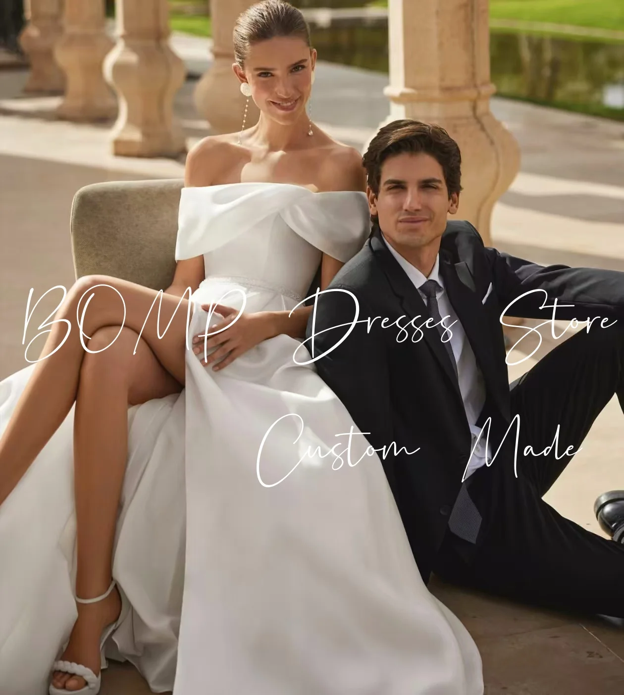 

BOMP Elegant Wedding Dress Off Shoulder Draped A-Line High Slit Sweep Train White Taffeta Bridal Gown Customized Robe De Mariée