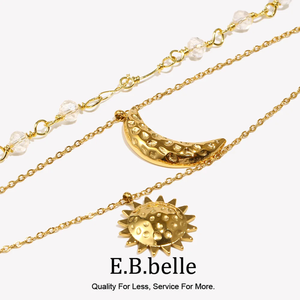 E.B.belle New Exquiste Three Layers Crystal Chain Hammered Moon Sun Pendant Necklaces Girls Waterproof Stainless Steel Jewelry