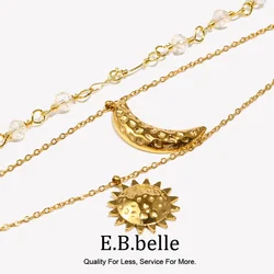 E.B.belle New Exquiste Three Layers Crystal Chain Hammered Moon Sun Pendant Necklaces Girls Waterproof Stainless Steel Jewelry