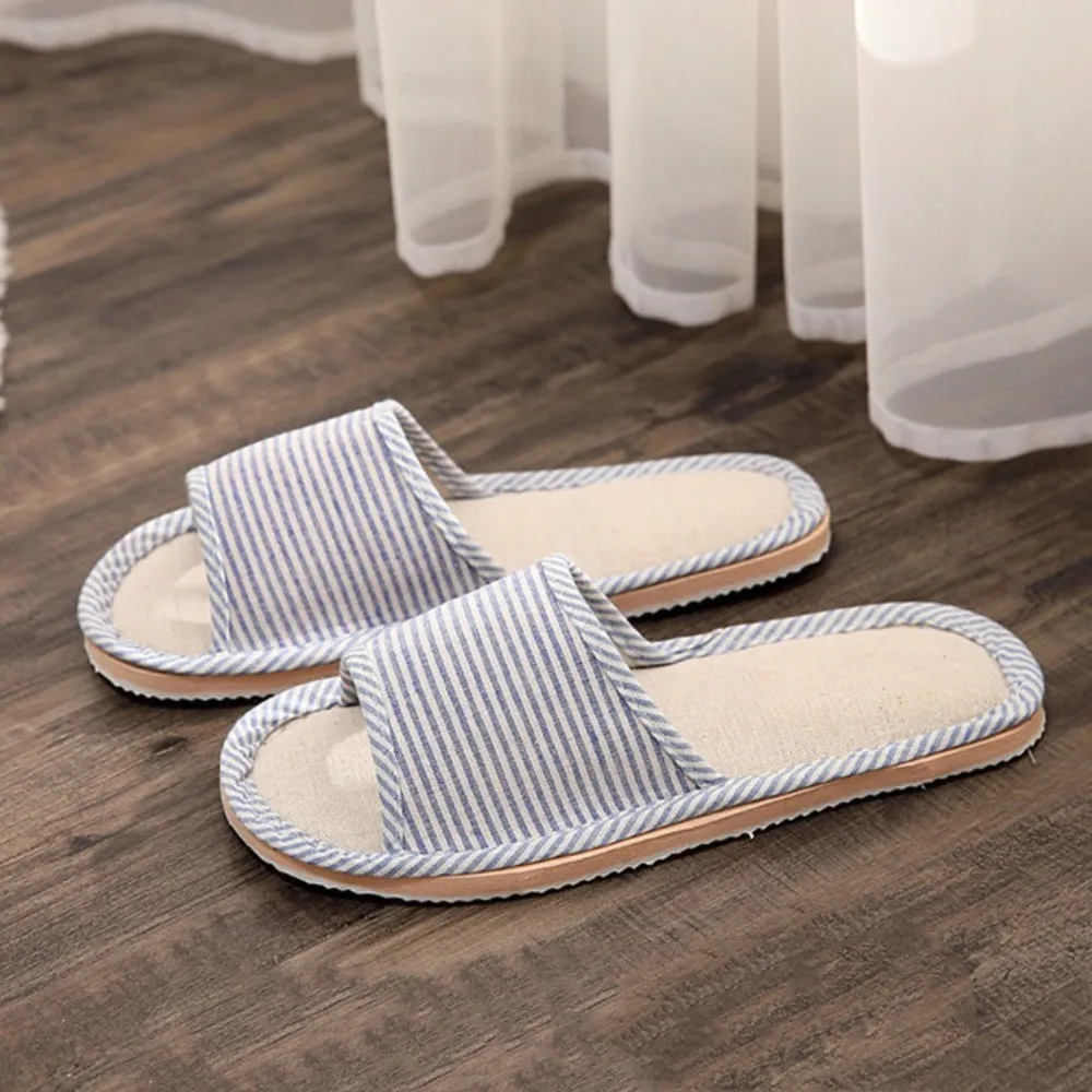

Удобные нескользящие домашние тапочки из льна в полоску, для гостей, с открытым носком, для спальни
