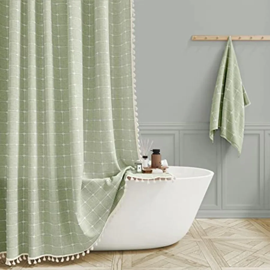 

Extra Long Shower Curtain, 72x84 Inch Long Boho Chic Tassel Linen Fabric Shower Curtain Set with Hooks, Tall Modern Farmhouse E