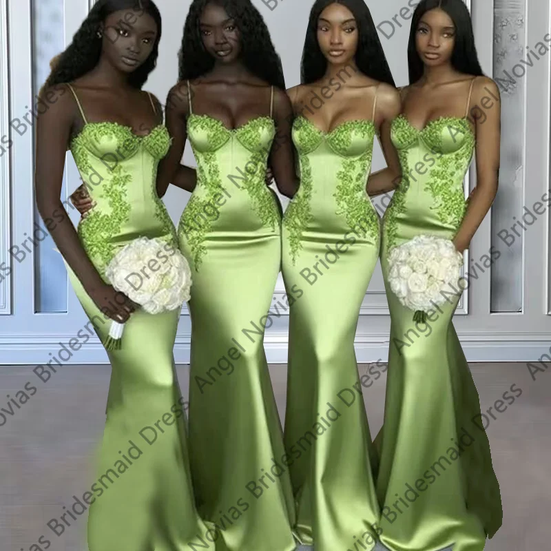 

Long Green Mermaid Bridesmaid Dresses with Spaghetti Straps Maid Of Honor Gown African Girls Wedding Guest Dress Customized