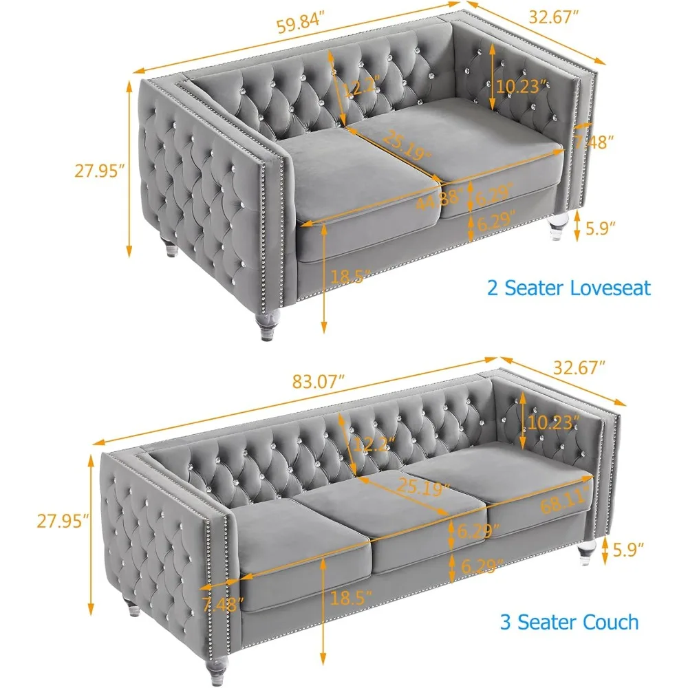 Velvet Loveseat Sofa Couch Set for Living Room, Modern Decor Furniture Tufted Sofa Set with Nailhead Acrylic Legs and 2 Pillows