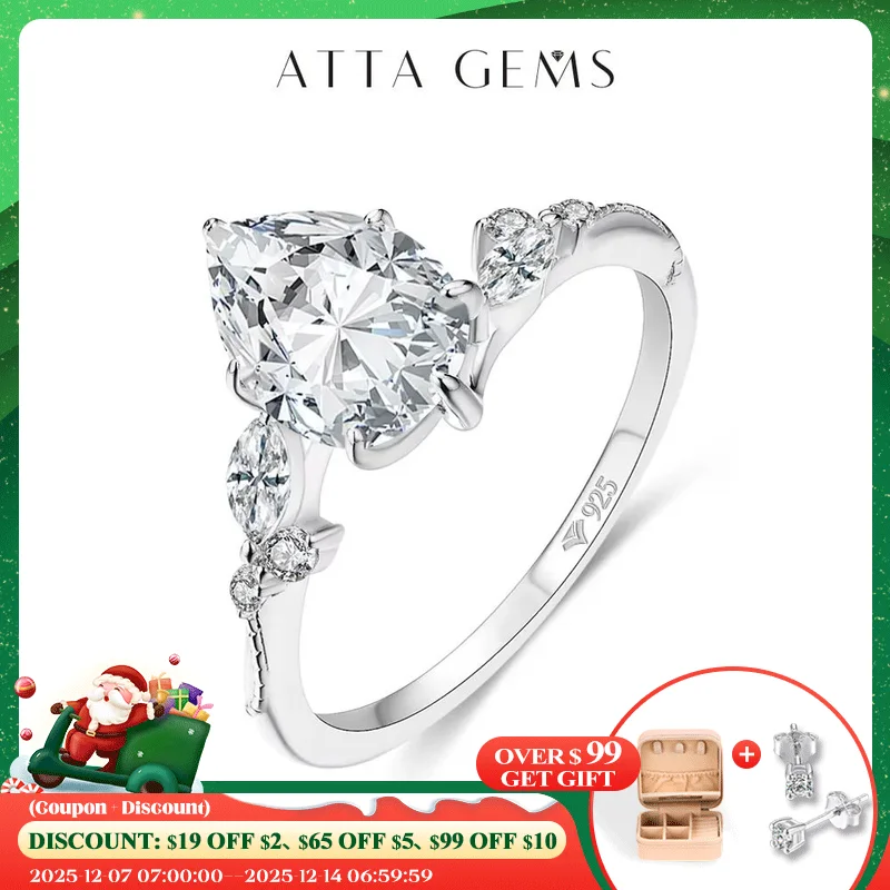 

ATTAGEMS Full Moissanite Ring 7*10mm 2.0CT DVVS1 Pear Shape S925 Sterling Silver For Women Engagement Bride Vintage Jewelry Gift