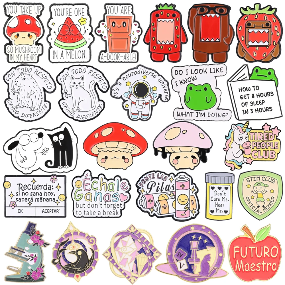 Cartoon Metal Brooch Pin Mushroom Watermelon Strawberry Monster Astronaut Cat Letter Battery Microscope Magic Badge Punk Jewelry