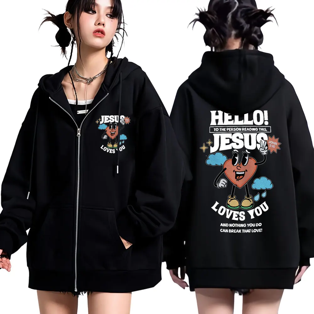 Christian Jesus Print Zipper Hoodie Jesus Loves You Bible Verse Trendy Sportwear Men Women Fleece Warm Casual Oversized Jackets