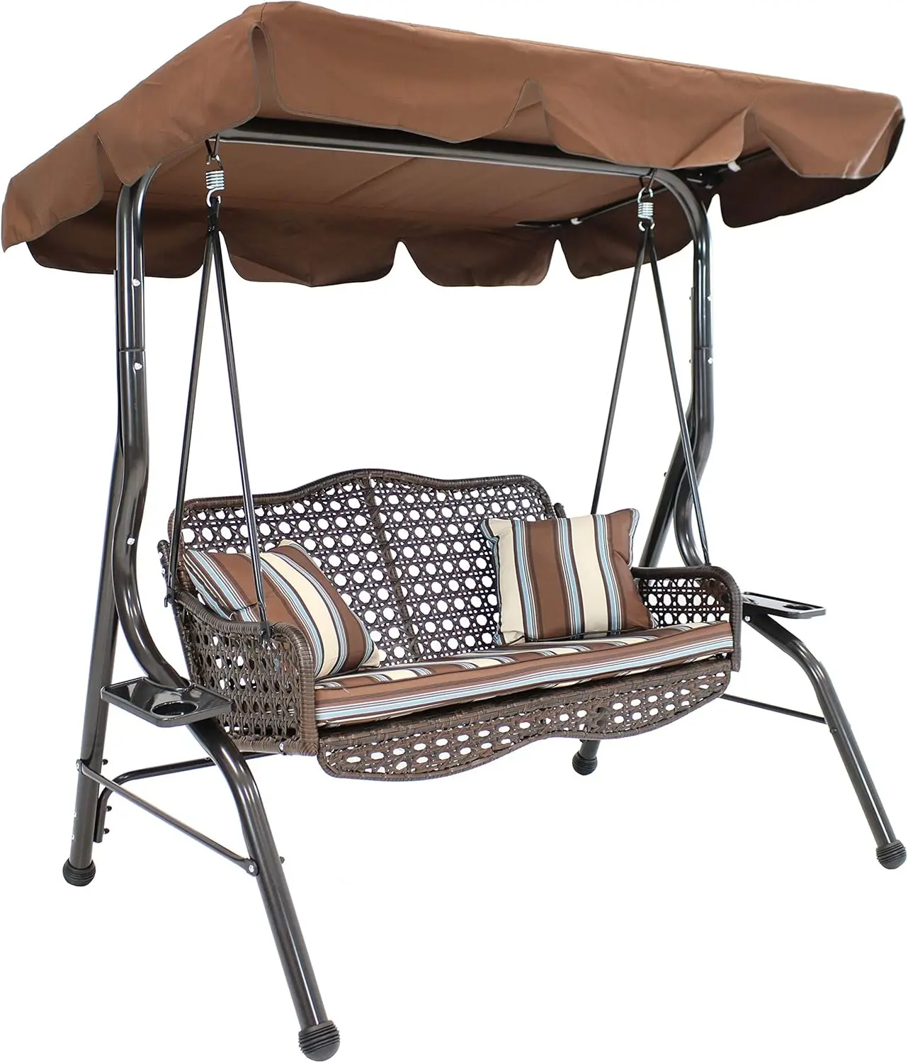 2-Seater Rattan Patio Swing With Adjustable Tilt Canopy - 300-Pound Capacity - Striped Pillows/Seat Cushion - Brown