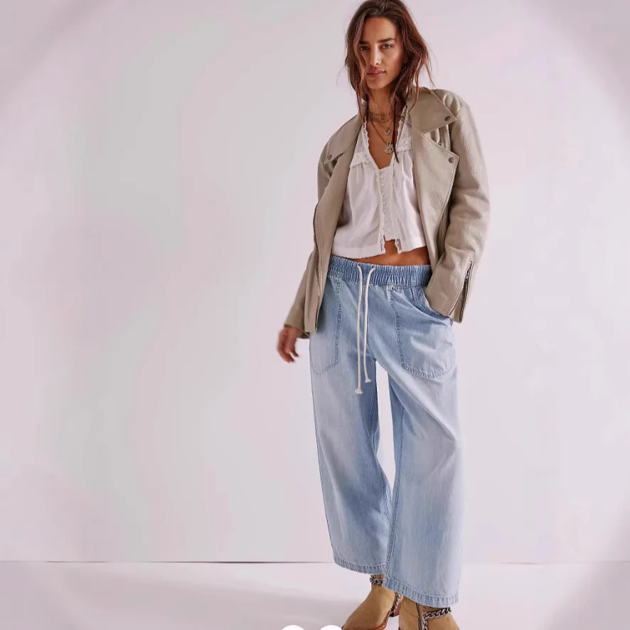 

plus Size Women's Jeans Denim Trousers Loose Fit Cotton Pants Deep Color Elastic Waist Spring 2025 Fashion Ladies' Denim
