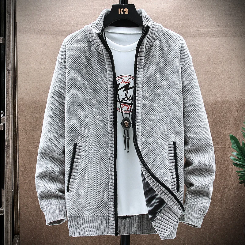 

2025 Men Stand Collar Knitted Cardigan Men Thick Sweater Jacket Autumn Winter Male Fleece Warm Zipper Sweatercoat
