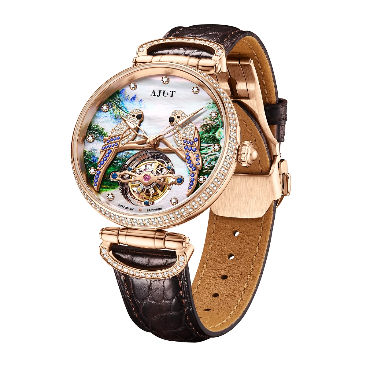 AJUT Tourbillon Orologio meccanico automatico da uomo Diamanti in rilievo Pappagallo intarsiato Zircone Orologi da polso Tourbillon a carica automatica 0327