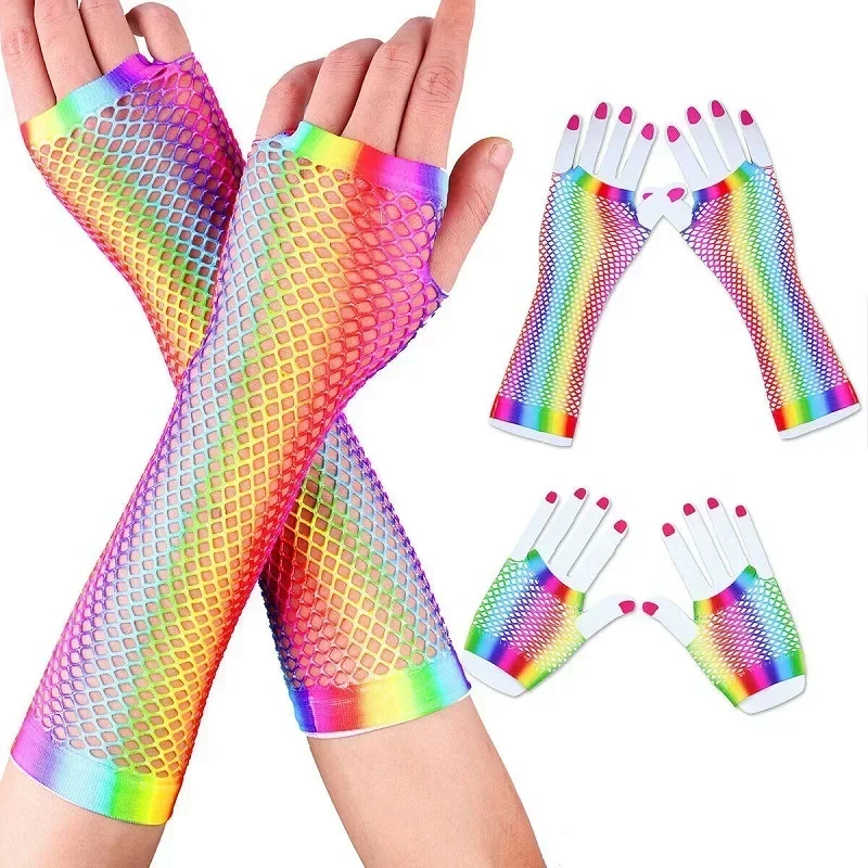 

12 Pairs Elastic Fingerless Fishnet Neon Gloves for Women Girls Short Long Net Mesh Party Costume Christmas Halloween Festival