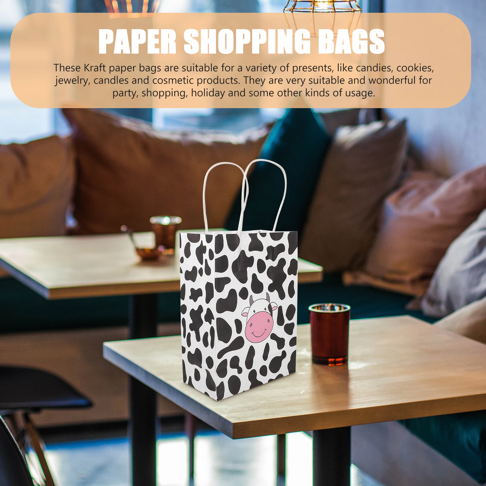 

12 Pcs Cow Print Kraft Paper Bags Gift Packaging Handheld Tote For Party Holiday Jewelry Clothes Candy Snacks Foldable Storage