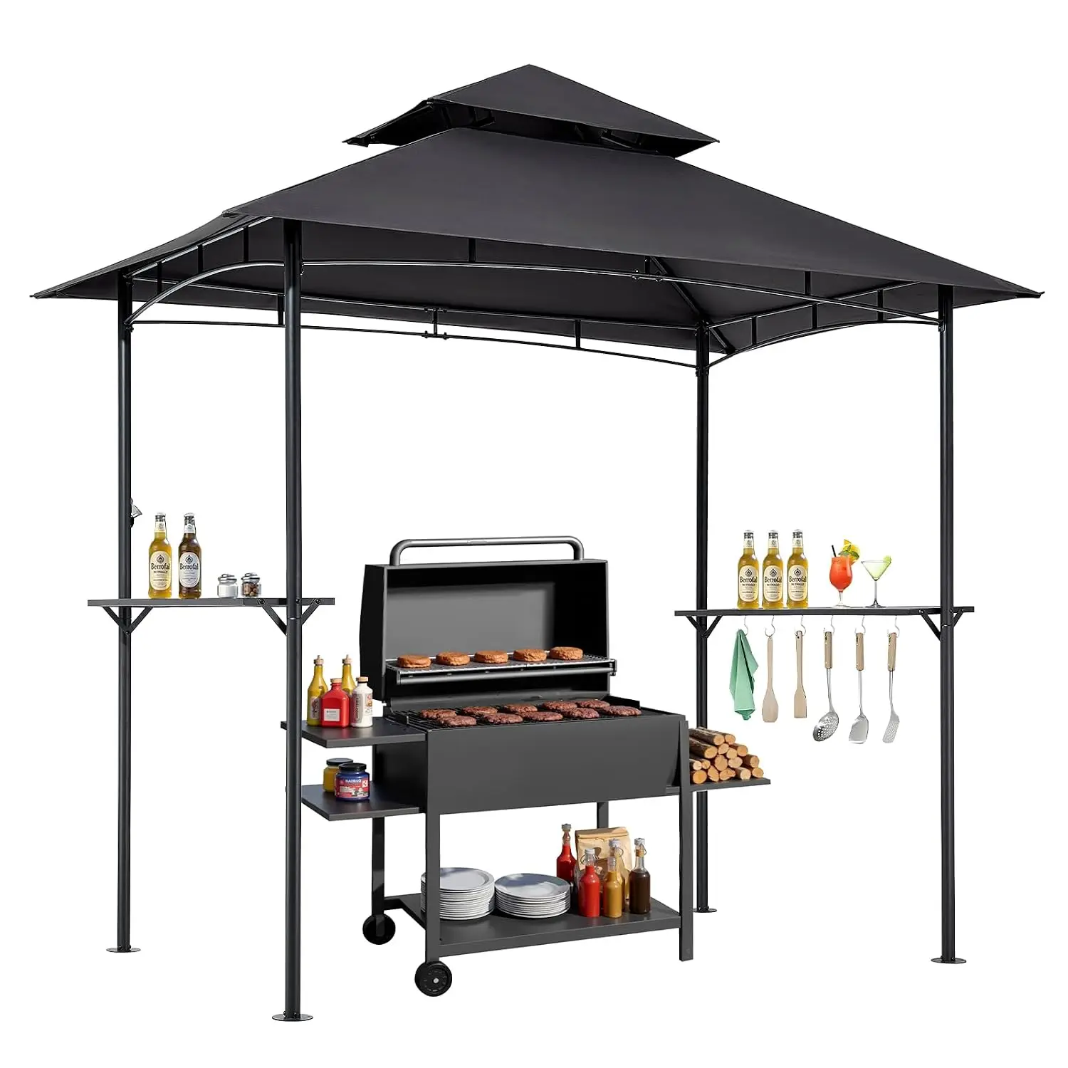 BBQ Grill Gazebo 8x5ft Double-Tiered Roof Steel Shelter 2 Shelves 8 Hooks Patio Backyard, Customized