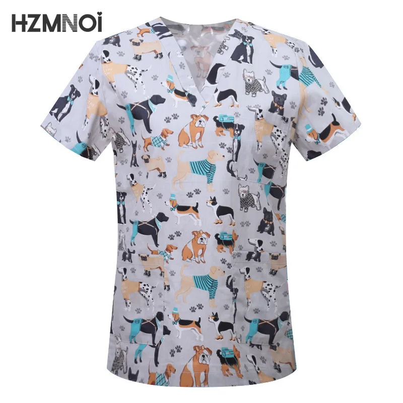 Cartoon Animals Print Pet Clinic Hospital Nursing Scrub Tops Shirts cotton Dentistry Doctor Blouse Medical Surgical Uniforms