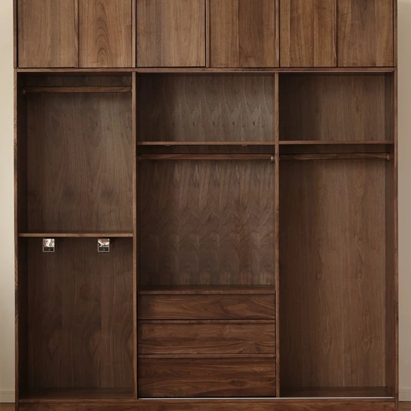 Walnut wardrobe, bedroom home, simple multi-functional pure solid wood wardrobe