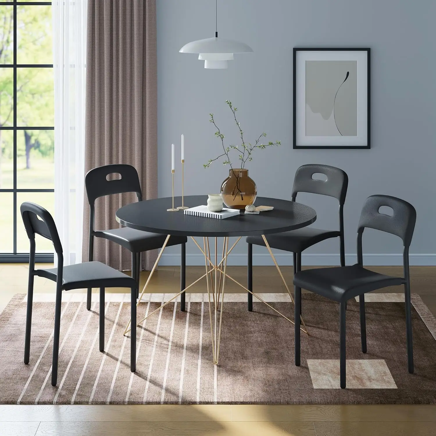 Garvee 4-teiliges stapelbares integriertes Sitzsystem: Schwarzes modernes Küchen-Esszimmerstuhl-Set, ergonomischer platzsparender Außenrahmen-Plattform-Schreibtischbegleiter für Büro, Wohnzimmer,