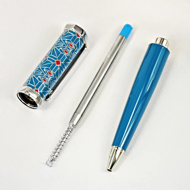 AGD Heptagon S-Dumont CT Net Pattern Red Rhombus Blue / Green Barrel Luxury Ballpoint Pen Silver Trim With Serial Number