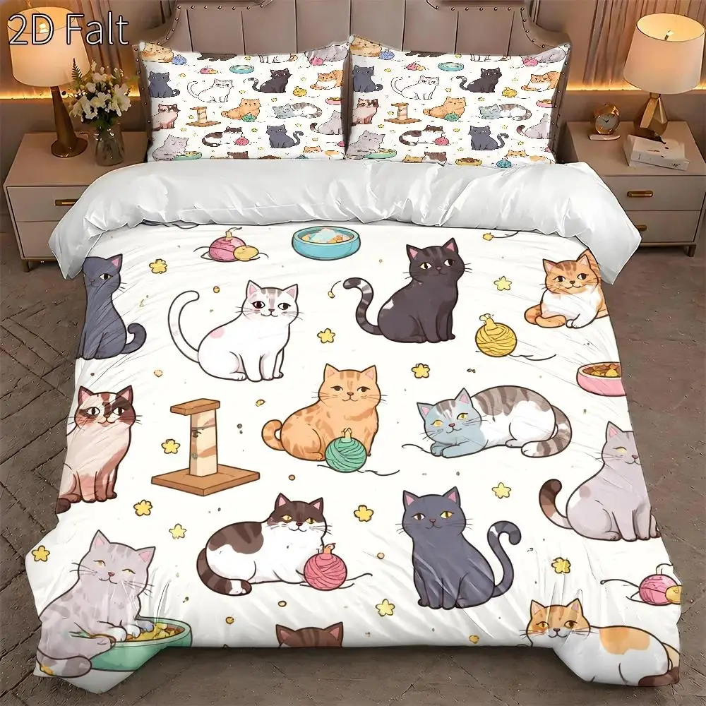 3-Piece Quilt Cover Set, 1 Quilt Cover + 2 Pillowcases (Without Filling) 2D Flat Priting, Three-Piece Quilt Cover Set, Cat-Themed Pattern, Cartoon Style, International Cat Day, Suitable for All Seasons, Machine Washable, Invisible Zipper, Large Quilt Cover Set, Bedding Set, Skin-Friendly, Breathable, Soft and Comfortable, Does Not Fade or Pill, Suitable for Home/Dormitory/Master Bedroom/Guest Room
