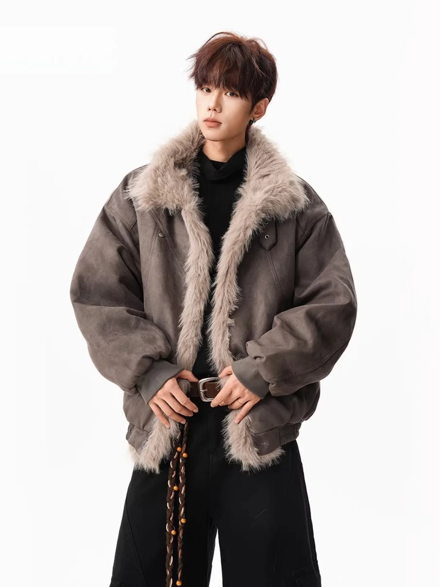 

American Retro Puffer Jacket Men's Thickened down Coat with Fur Collar Winter High-End Feeling Couple Cotton Clothes