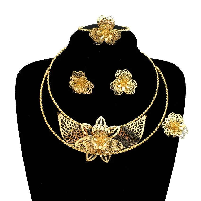 

Latest Brazilian Dubai Gold-Plated Jewelry Set Ladies Flower Glossy Necklace Earrings Bracelet Wedding Accessories FHK13011