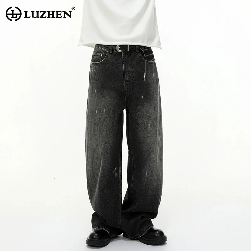 

LUZHEN 2025 винтажные стильные прямые джинсы с принтом краски, мужские модные осенние оригинальные широкие джинсовые брюки высокого качества JY4268