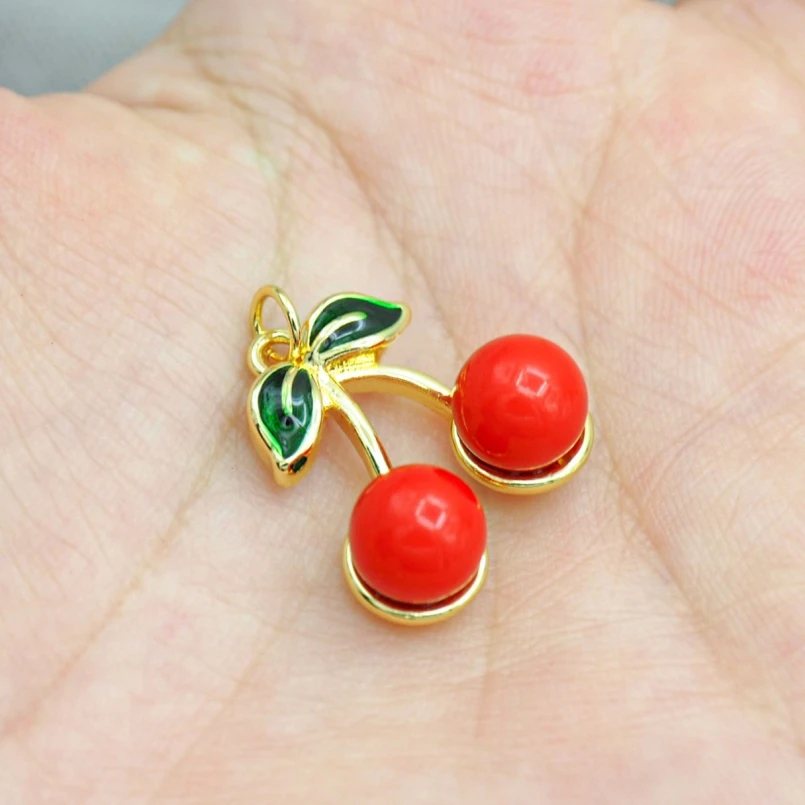 

5Pcs Plant Cherry Charms Copper Gold Color Enamel Red Approx 18.4x23.3mm Jewelry Special Gift For Women