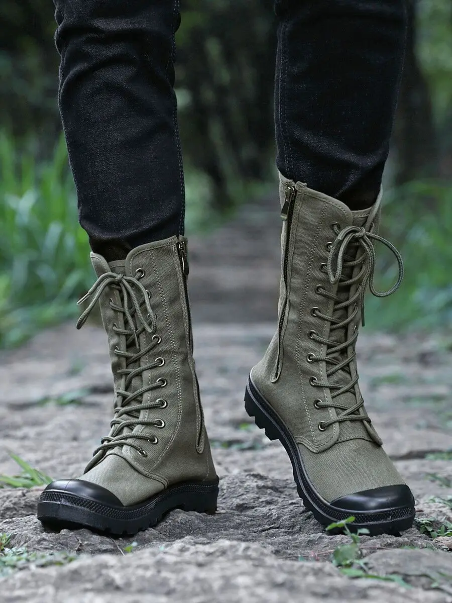 Botas Masculinas de Deserto para Exterior, Cano Alto, Lona, Estilo , Respiráveis, com Língua de Peça Única, Botas de Tr...