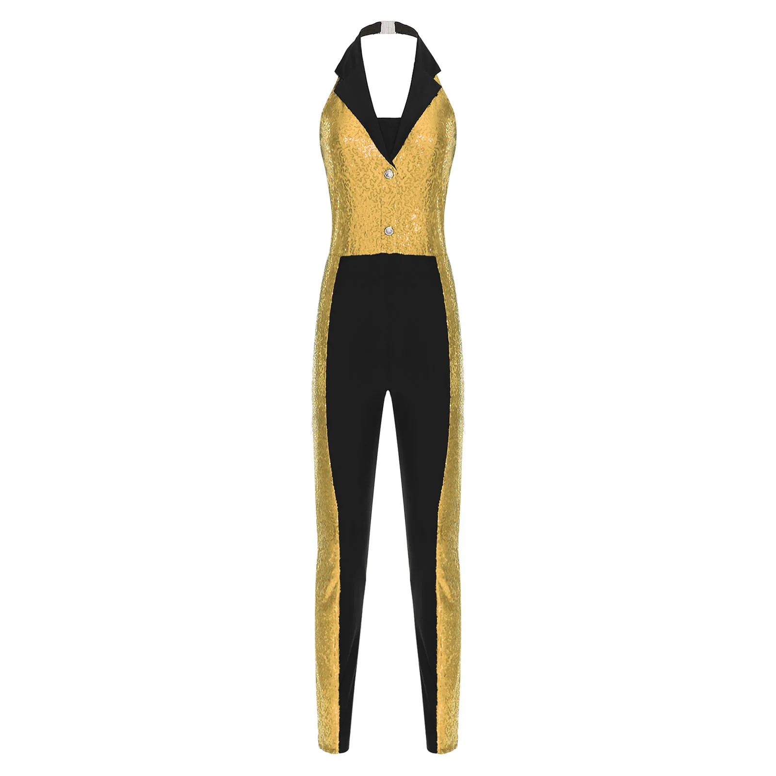Vrouwen glanzende pailletten latin jazz dans unitards jumpsuit halter backless gymnastiek bodysuit turnpakje dansvoorstelling kostuum