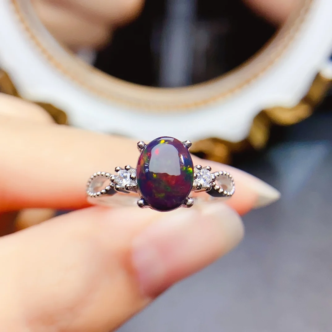 FS S925 Sterling Silver Inlay 7*9 Natural Black Opal Fashion Ring for Women Fine Charm Weddings Jewelry With Certificate MeiBaPJ
