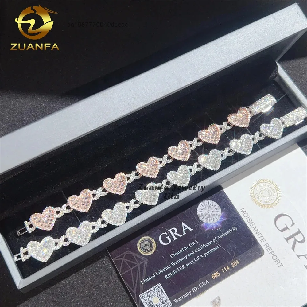 Quality Top Wholesale Price Hip Hop 14MM S925 VVS Baguette Moissanite Diamond Heart Design Chain Bracelet..