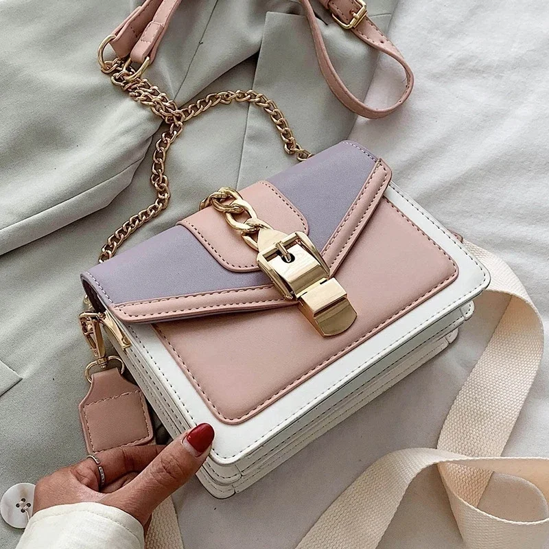 

Fashion chain lady Sling Panelled color PU Leather Crossbody Bag For Women new Wide strap Shoulder Messenger Bag Ladies WT1092