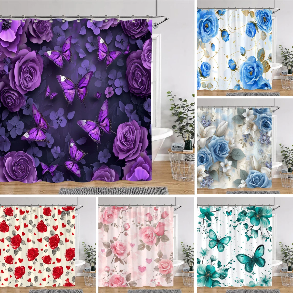 Pretty Roses Shower Curtain Mysterious Purple Flower Butterfly Valentine's Gift Polyester Bath Curtain Bathroom Decor with Hooks