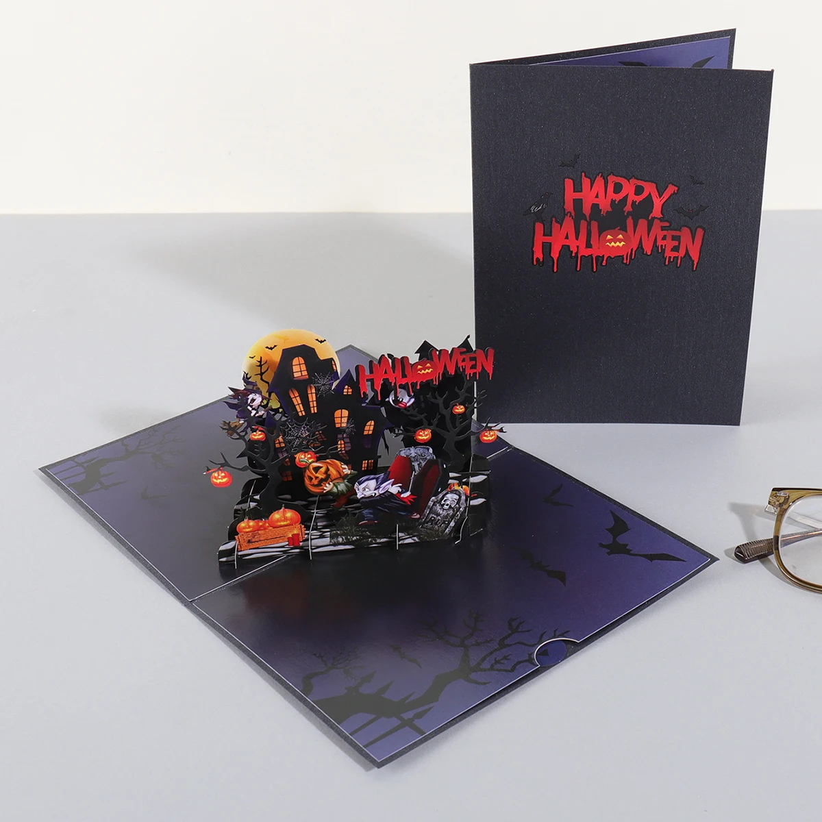 1 x 3D-Grußkarten mit Halloween-Thema, verschiedene Muster, Feiertagseinladungen, Segenskarten (Umschläge im Lieferumfang enthalten)