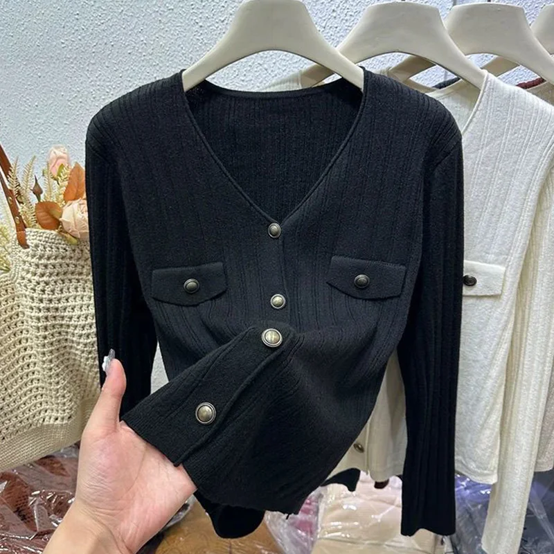 Oversized Autumn Winter New Simplicity Elegant Buttons Solid Color V-neck Long Sleeve Knitting Sweater Ladies Fashion Pullovers