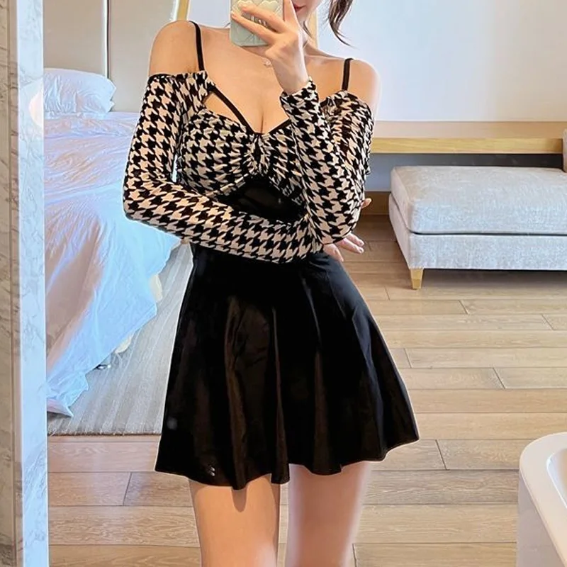 2023 New Summer Fashionable Premium Houndstooth Bow Neck Lace Up High Waist Covering Belly Sexy Spicy Girl Skirt Swimsuit