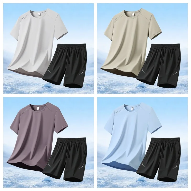 

Men's Fashionable Ice Silk Quick Drying Short Sleeved Shorts Set for Outdoor Running Fitness Lightweight Breathable Sports Set