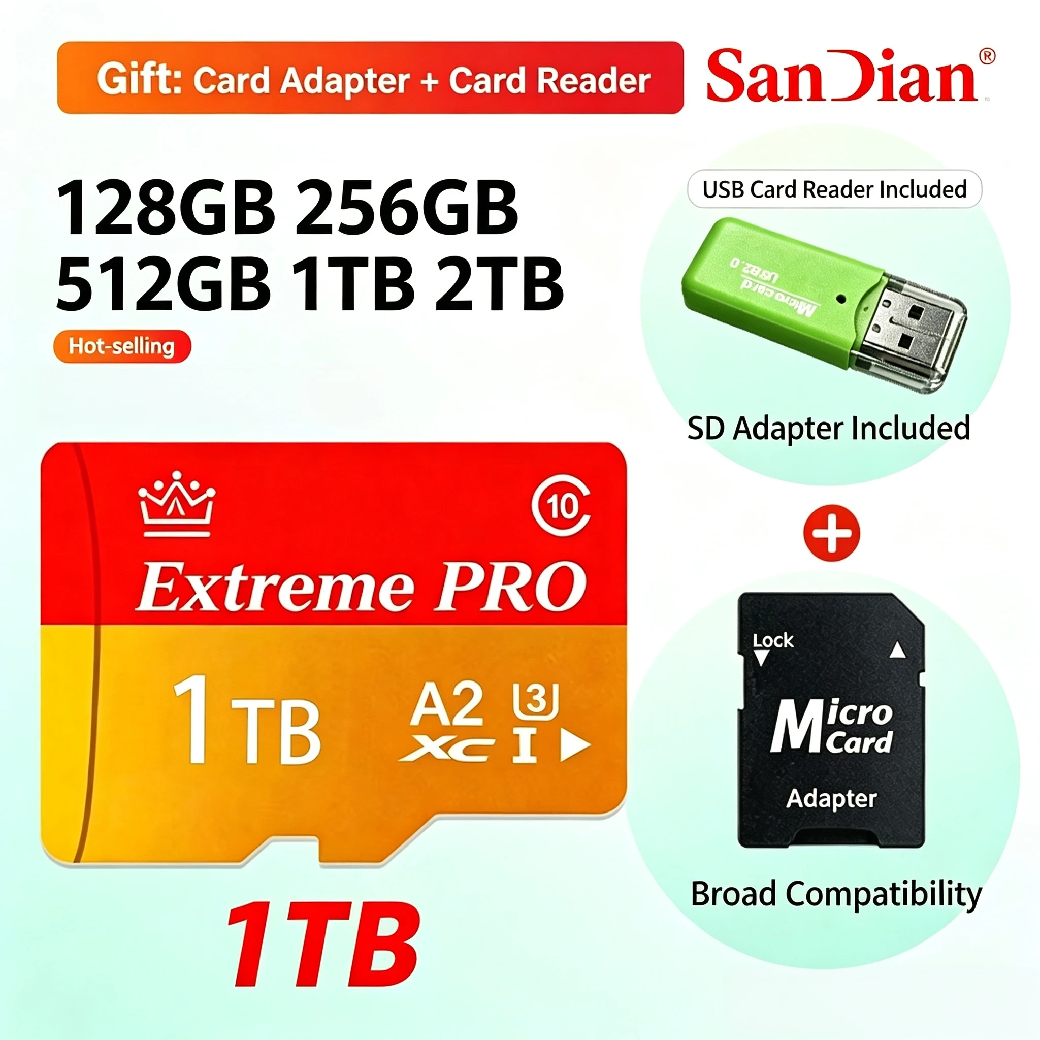 256GB Class 10 U3 V30 Micro TF SD Card High Speed Waterproof USB Adapter Plug Play for Camera Phone Laptop Pro Use