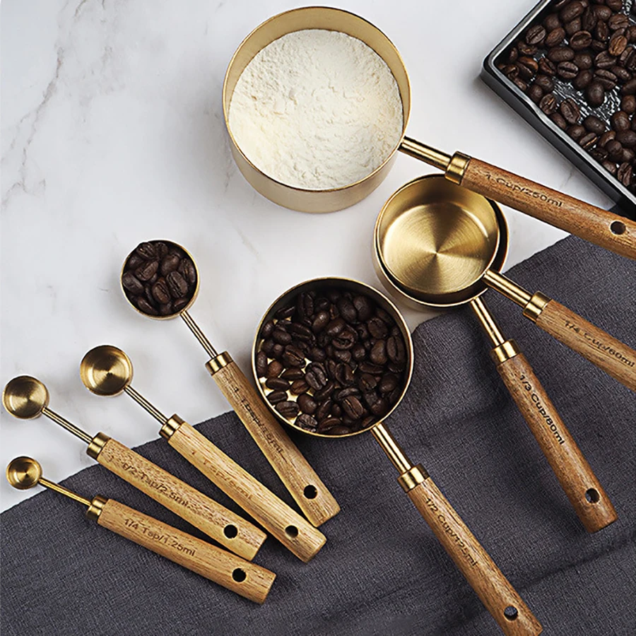 4PCS/8PCS baking cake stainless steel gold-plated weighing tool Acacia wood handle with carved measuring spoon Measuring tool