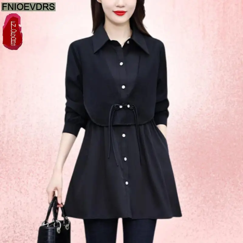 

Retro Vintage Bow Tie Peplum Tops Fake Two Piece Design Women Autumn 2024 Fashion Office Lady Elegant Tunic Button Shirts Blouse