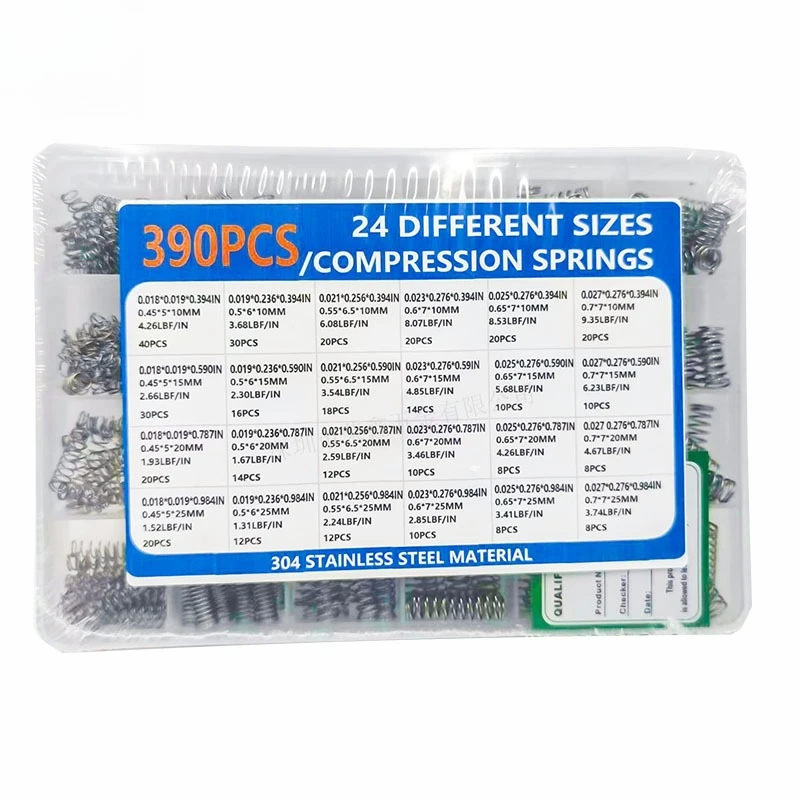 390Pcs 304 Stainless Steel Compression Springs Assortment Kit, Shock Absorbing Mixed Size Pressure Springs Set