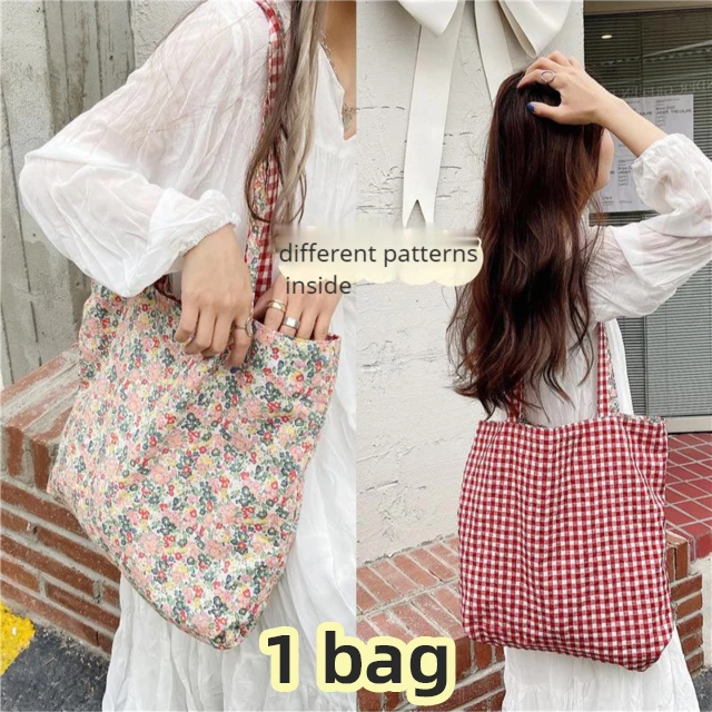 Casual Plaid Flower Women Shopping Bag Large Capacity Ladies Daily Tote Handbags Cotton Cloth Double-sided Girls Shoulder Bags