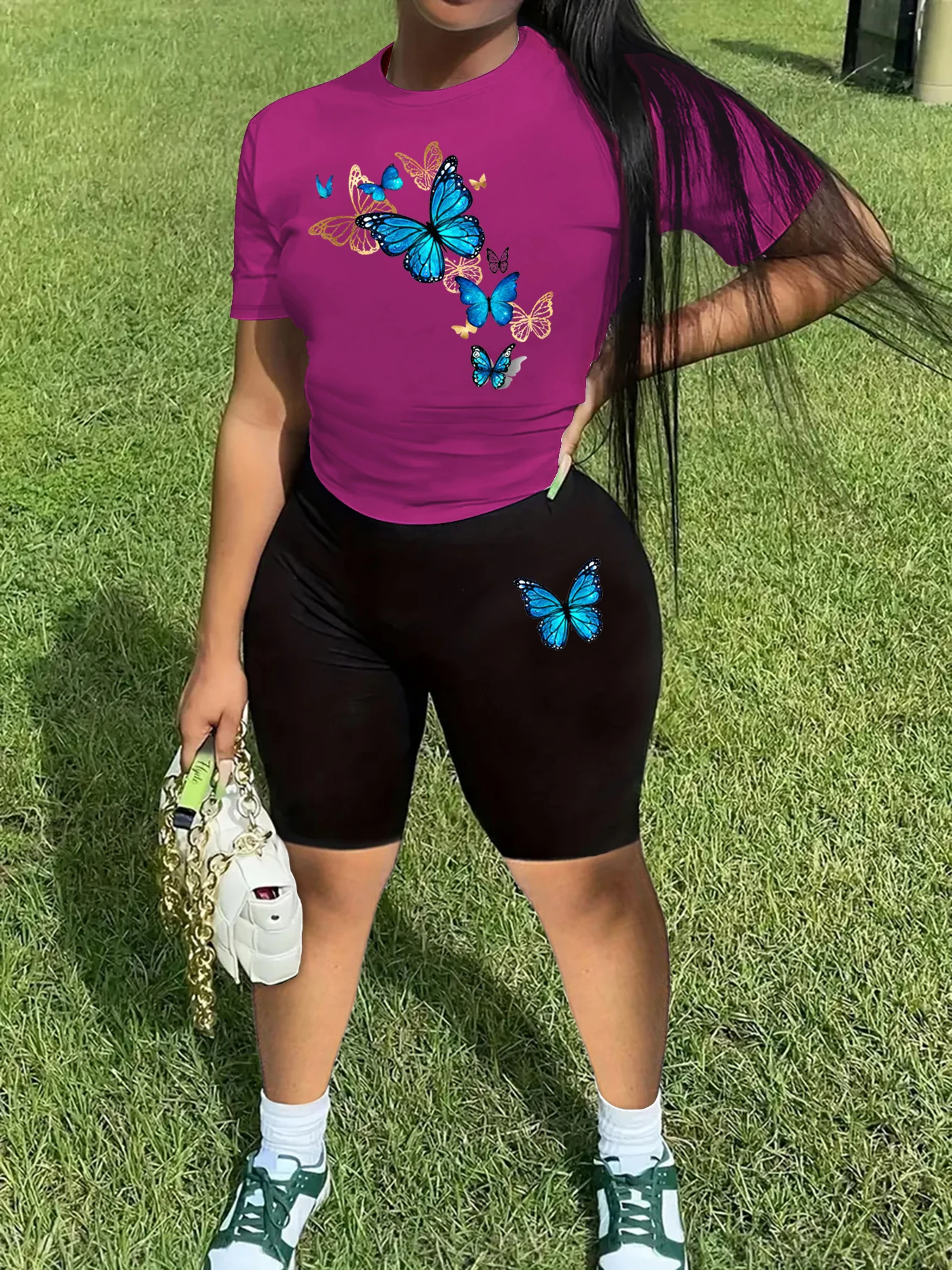 

butterfly Print Two-piece Set, Short Sleeve Crew Neck Casual T-Shirt & Shorts 2pcs Outfits For Summer & Spring, Women's Clothin