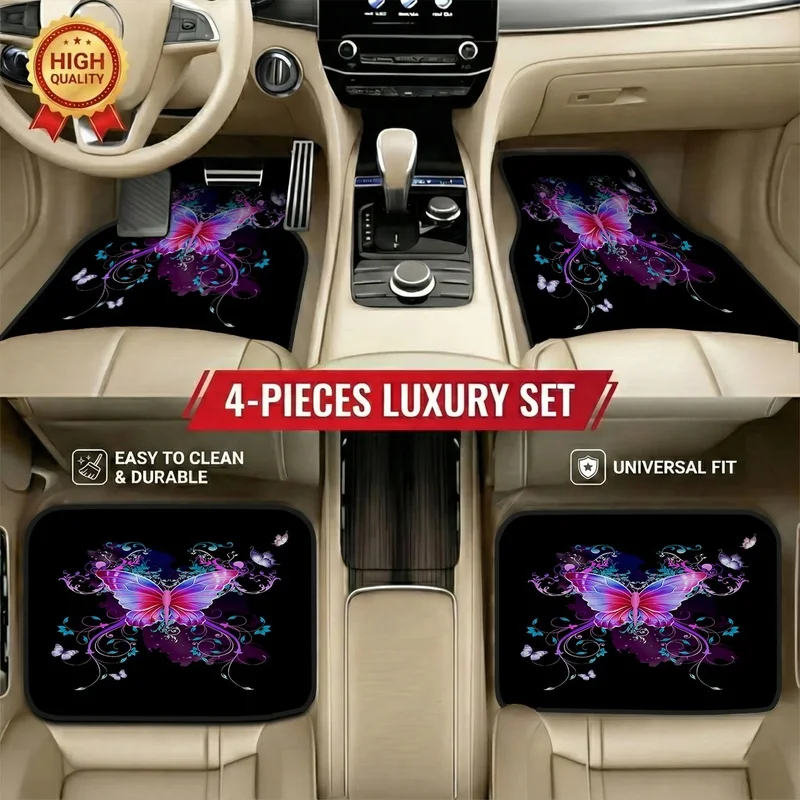 Set Of 4 Distinctive Butterfly Design Car Floor Mats, Perfect Present For Automotive Enthusiasts, Universal Compatibility, Long- 6