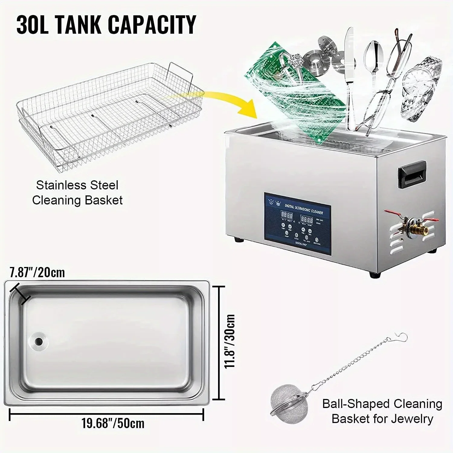 منظف 30 لتر - منظف مجوهرات احترافي 28/40 كيلو هرتز، سخان، للزجاج والساعات والعملات المعدنية