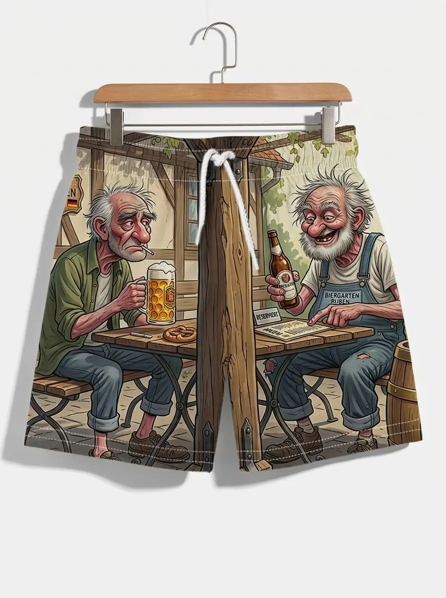 Cartoon Old Man Drinking Beer 3D Print Beach Shorts Men Oversized Surfing Beach Sport Board Pant Swimsuits Trunks Men's Clothing