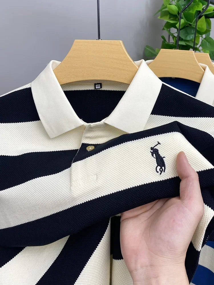 2024 New Summer High Quality Lapel POLO Shirt Short Sleeve Men\'s Breathable Fashion Striped Embroidered Business Casual Top