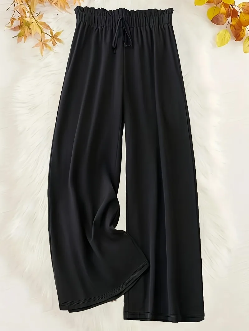 Plus Size 1XL-5XL Casual Pants Women\'s Plus Solid Drawstring Waist Wide Leg Loose Trousers