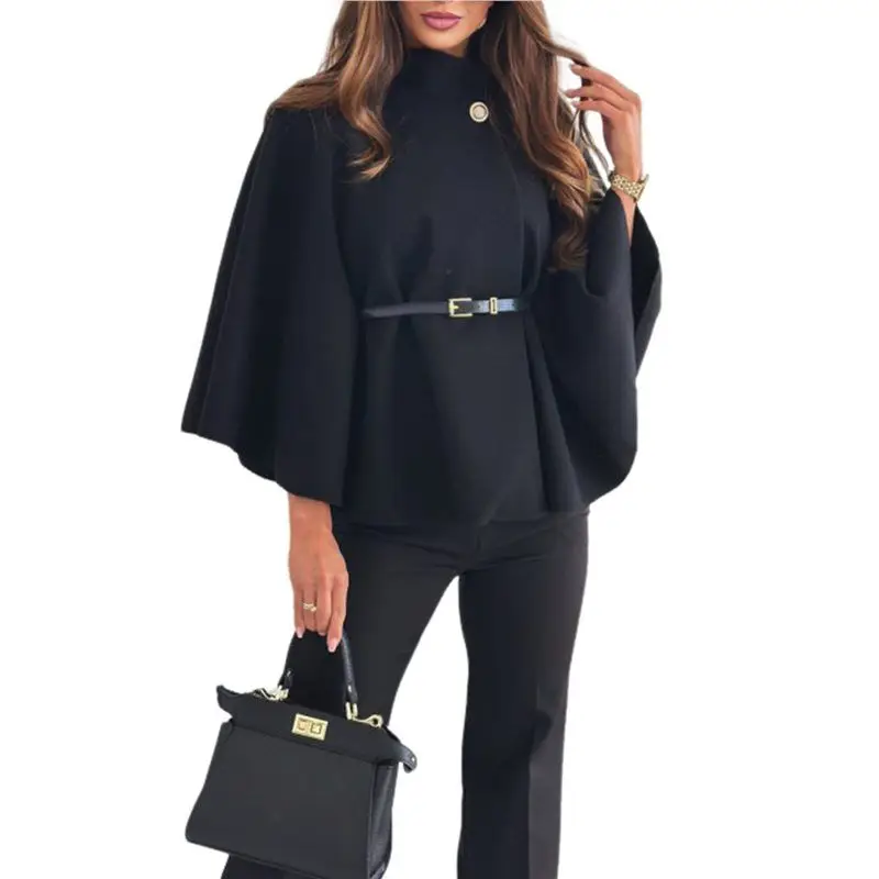 

【TODAY-ONLY!】Women Batwing Sleeve Ponchos Pea Coat Stand Collar Capes Jacket Cloak Elegant Wool Coat With Belt