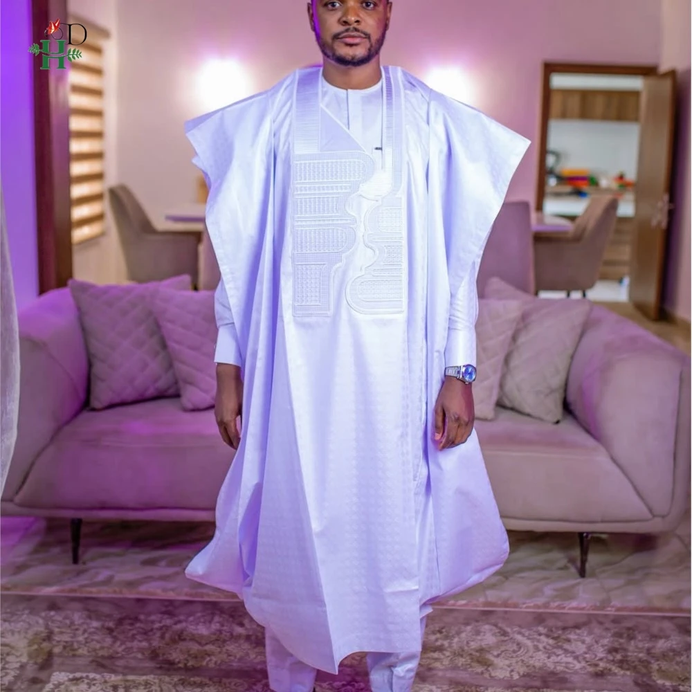 H&D African Clothes Embroidery Bazin Riche Gown For Men Church Party Wedding Thobe 3 PC Top and Pants White Suit Set Daily Wear