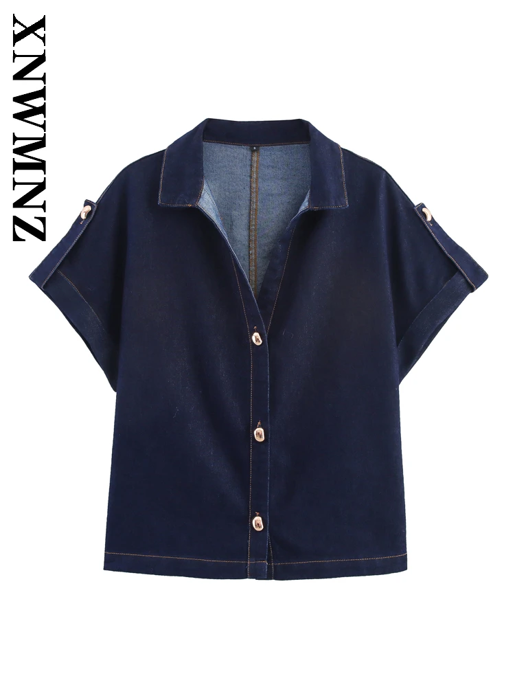 

XNWMNZ 2025 Spring Women Clothing Simple Fashion Turn-down Collar Denim Short Sleeve Top Chic Casual Lady Short Sleeve Shirt